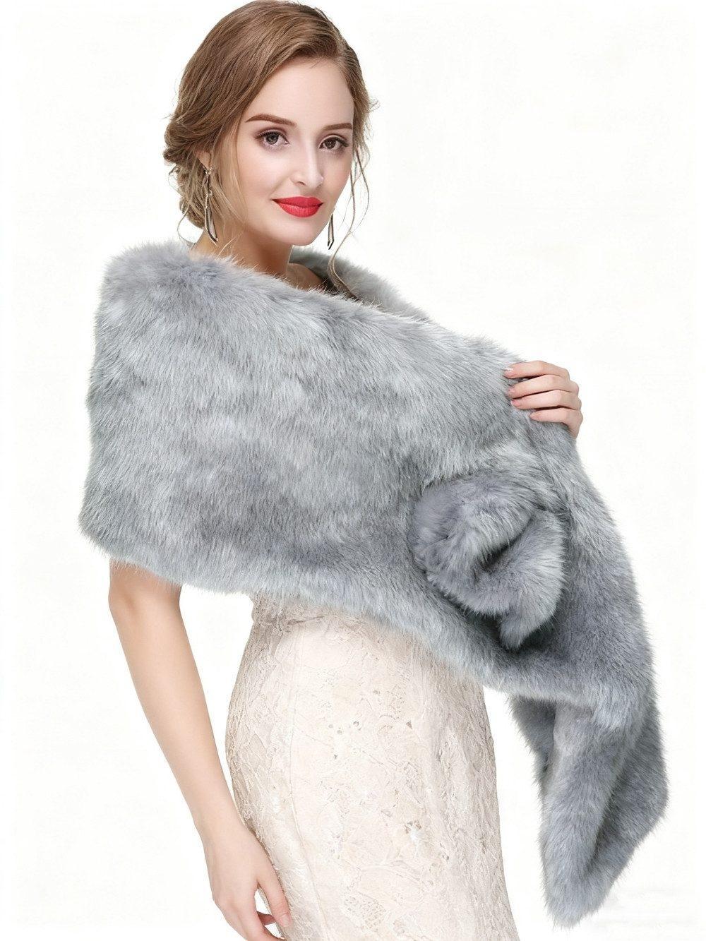 Faux Fur Scarf Shawl for Women, Warm Long Large, with Faux Fur Trim, Gray โ image 6