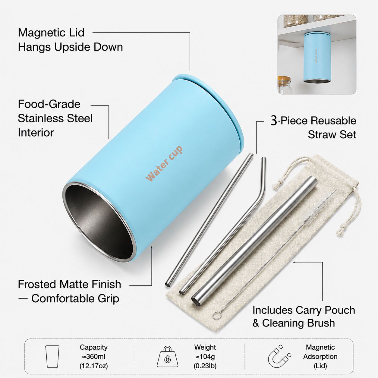 Blue 304 Stainless Steel Magnetic Hanging Water Bottle Set, 12.17 oz Reusable Drinking Bottle, Comes with 4 Stainless Steel Straws, Cleaning Brush, Storage Bag