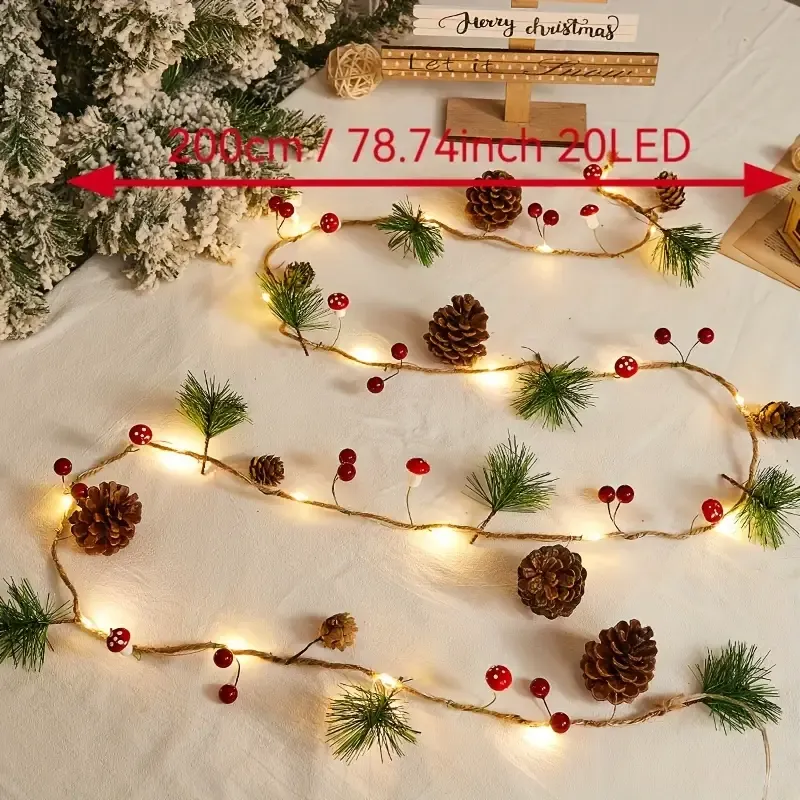 Christmas Forest-Style Decorative String Light | 200cm, 20 Warm White LEDs, Adorned with Pine Needles, Pinecones & Red Berries, Battery-Powered (Batteries Not — image 4