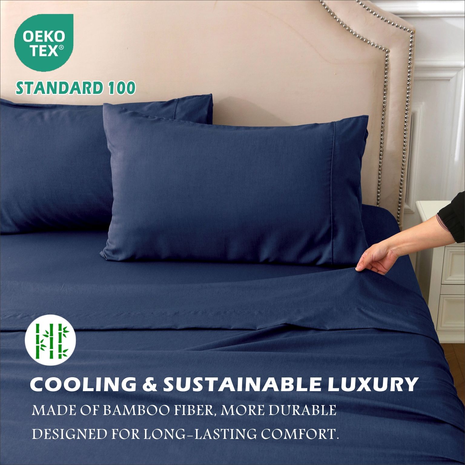 3 Piece Hotel Bamboo Cooling Sheet Set -Ultra Soft 2000TC Breathable Bed Sheets Set with 37 Centimetre Deep Pocket-Cooling Sheets for Hot Sleepers(Navy,King — image 6
