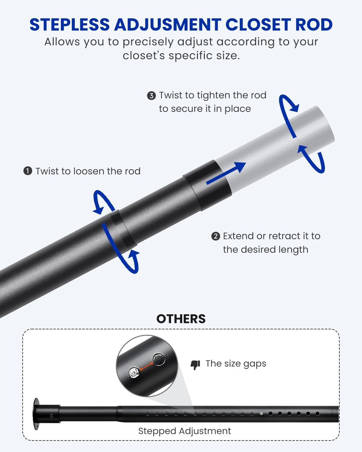 17-69" Closet Rods for Hanging Clothes, Stepless Adjustable Metal Closet Rod, 1.3 Inches Heavy Duty Clothes Hanging Rod for Closet Wardrobes Laundry โ image 2