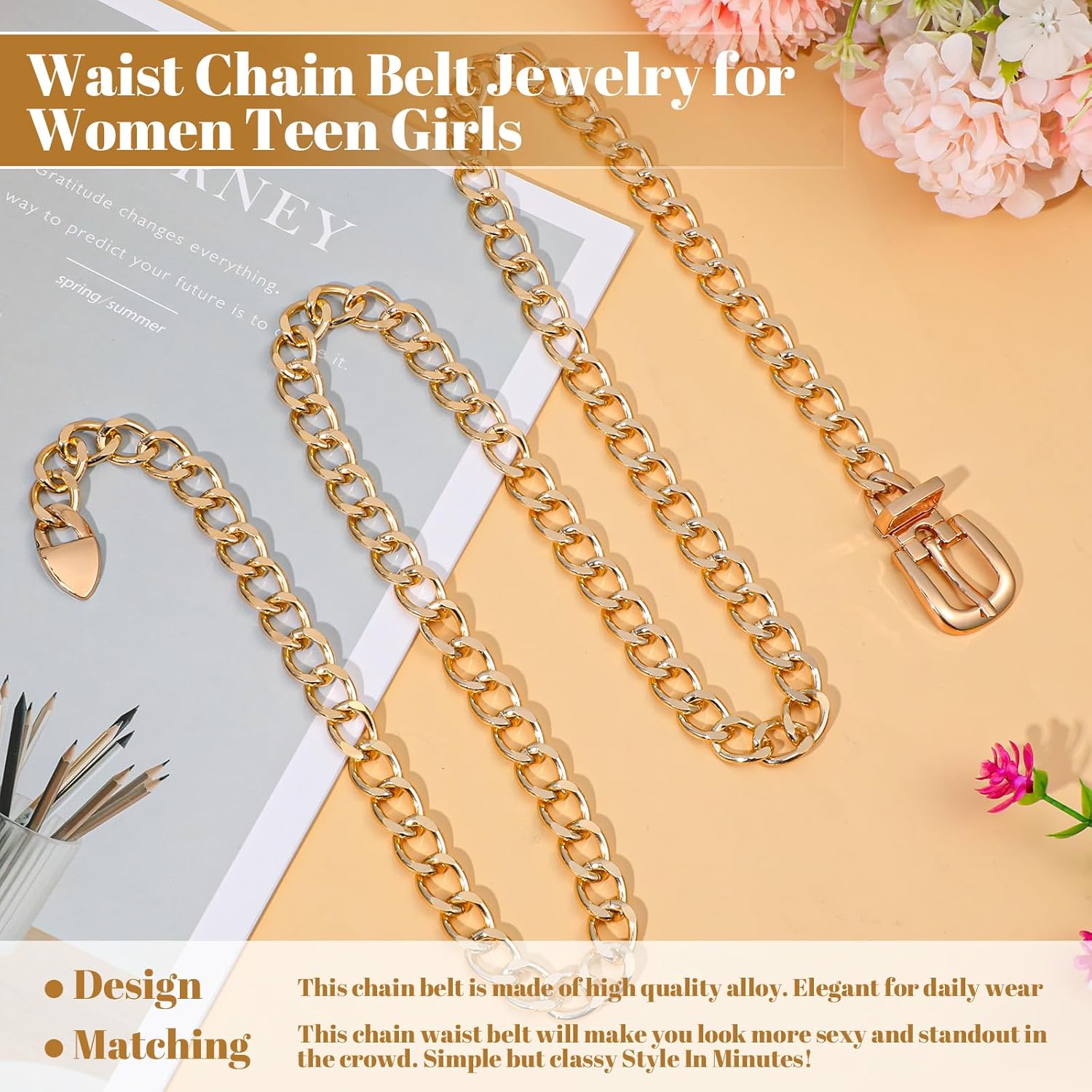 Gold Chain Belts for Women,Adjustable Gold Metal Belts for Women Trendy Waist Chain Belt for Dress & Jeans — image 4