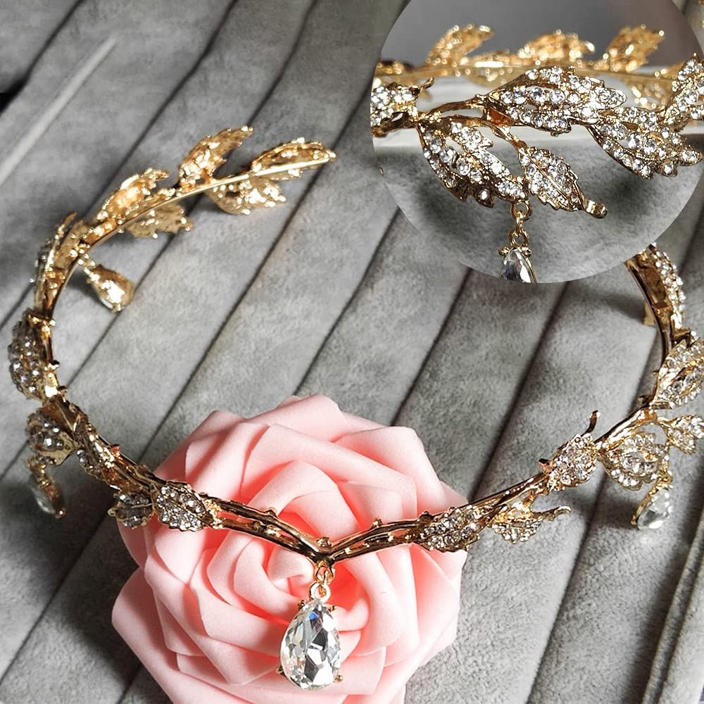 Crystal Leaf Wedding Diadem Headband Bridal Bridesmaid Forehead Band Rhinestone Bridal Tiara Crown (Gold) โ image 2