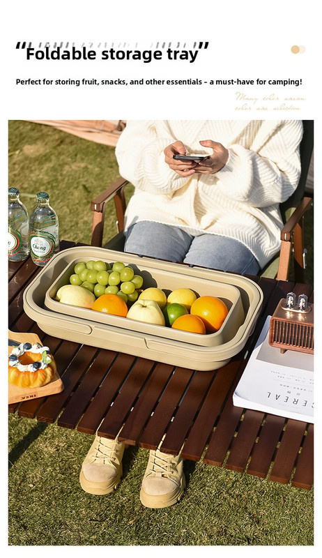 Collapsible Picnic Basket with Mini Table Lid Portable Folding Storage Crate with Cup Holders and Phone Stand Multi-Functional Outdoor Camping Sink Basin Khaki โ image 6