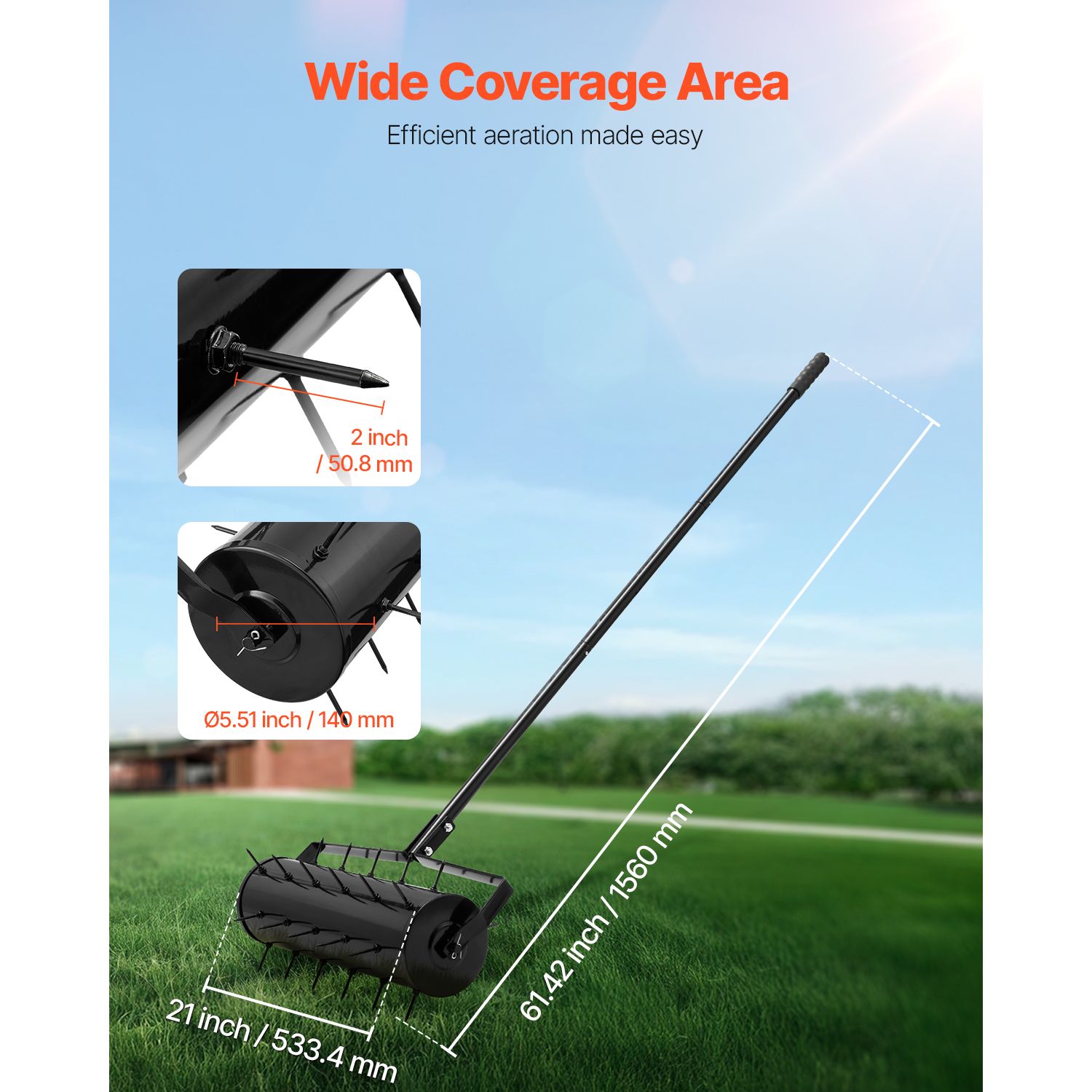 Rolling Lawn Aerator, 525mm Heavy-Duty Manual Rolling Aerator Lawn with Detachable Handle and 33 Iron Spikes, Rolling Lawn Aeration Tool for Garden Patio Yard — image 2