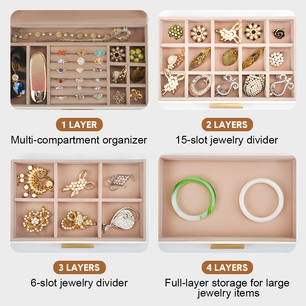 4 Layer Jewelry Box PU Leather Jewellery Organizer Multi-functional Storage Case with Clear Glass Lid and 3 Drawers for Necklaces Rings Earrings Watches — image 4