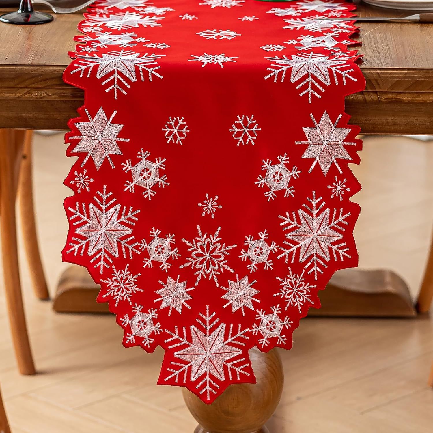 Christmas Red Table Runner 14 x 86 Inch, Cutwork Embroidered White Snowflake Table Runners, for Xmas Holiday Winter Festival Kitchen Dining Tabletop Decoration
