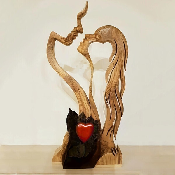 Wooden Love Heart Kissing Couple Abstract Sculpture Romantic Statue Figures — image 3