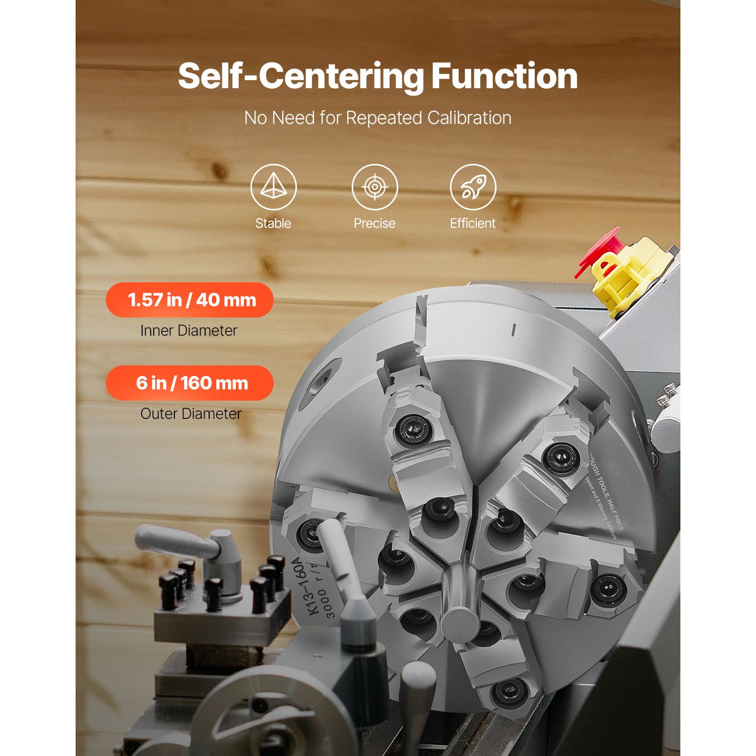 6-Jaw Lathe Chuck, 6 Inch (160 mm), Self-Centering Chuck with D1-4 Cam Lock Backing Plate, 0.12-5.71 in (3-145 mm) Clamping Range with T-wrench Screws, HT300 โ image 3