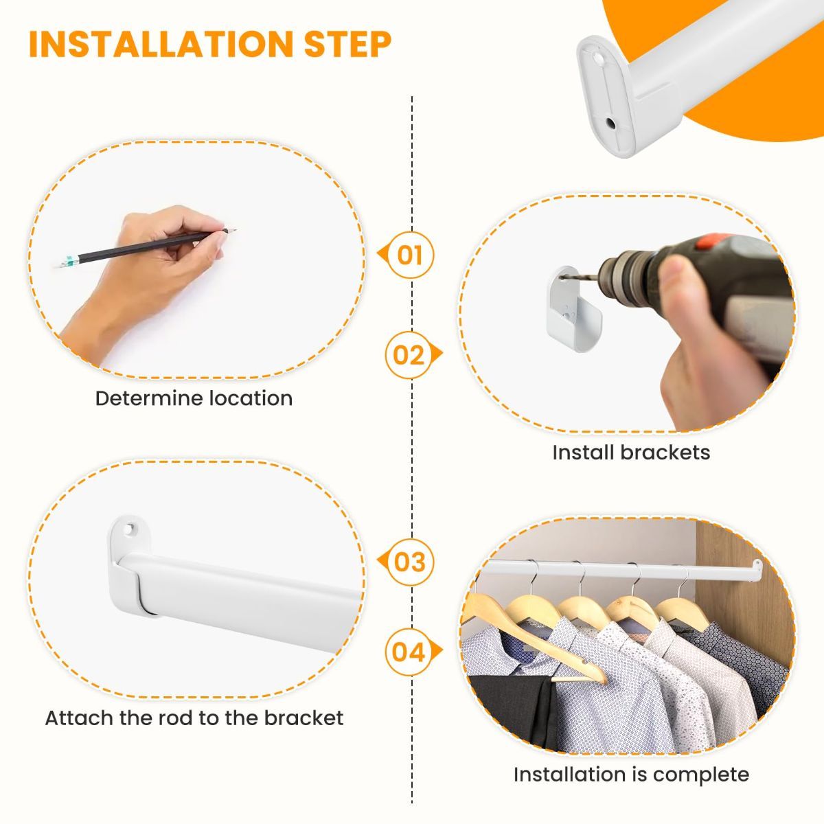 18-52" Oval Closet Rod for Hanging Clothes Adjustable Closet Rods Heavy Duty Black Poles Bar Closet Rod Expandable for Wardrobes Laundry RV - White — image 6