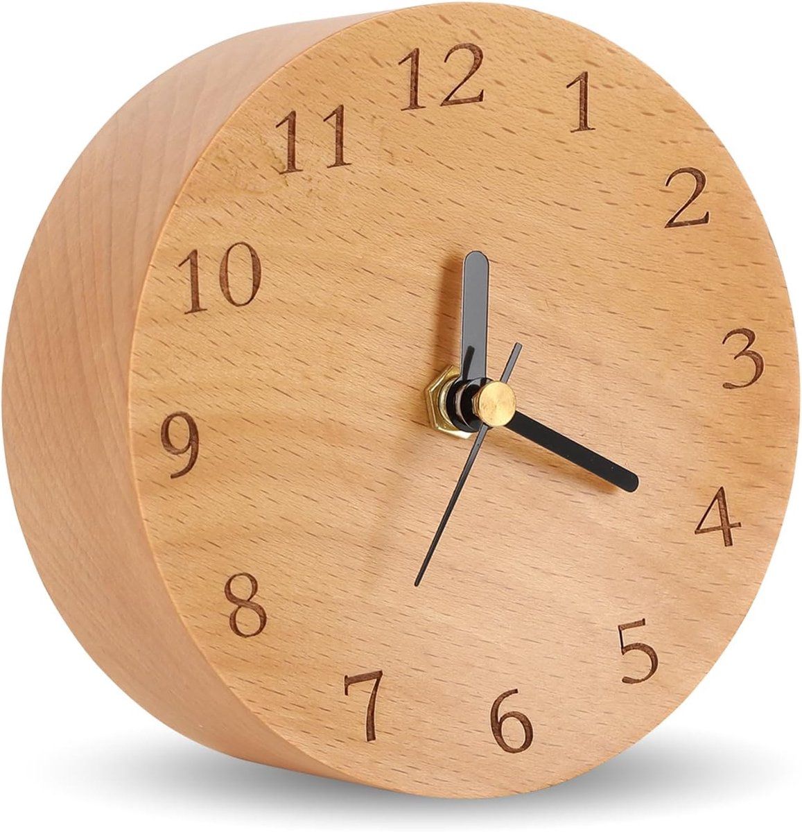 4.7-Inch Round Wooden Analog Desk Clock, Silent Non-Ticking Battery-Operated Table Clock