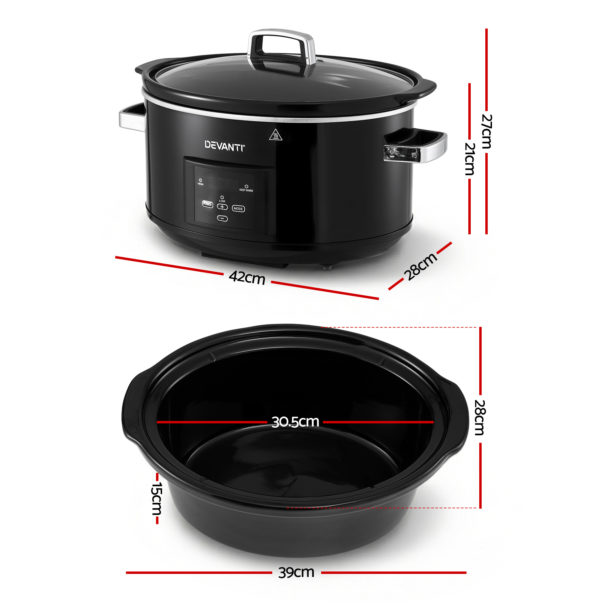 Devanti 8L Slow Cooker Electric Multi Cooker with 3 Heat Settings and Keep Warm Function — image 2