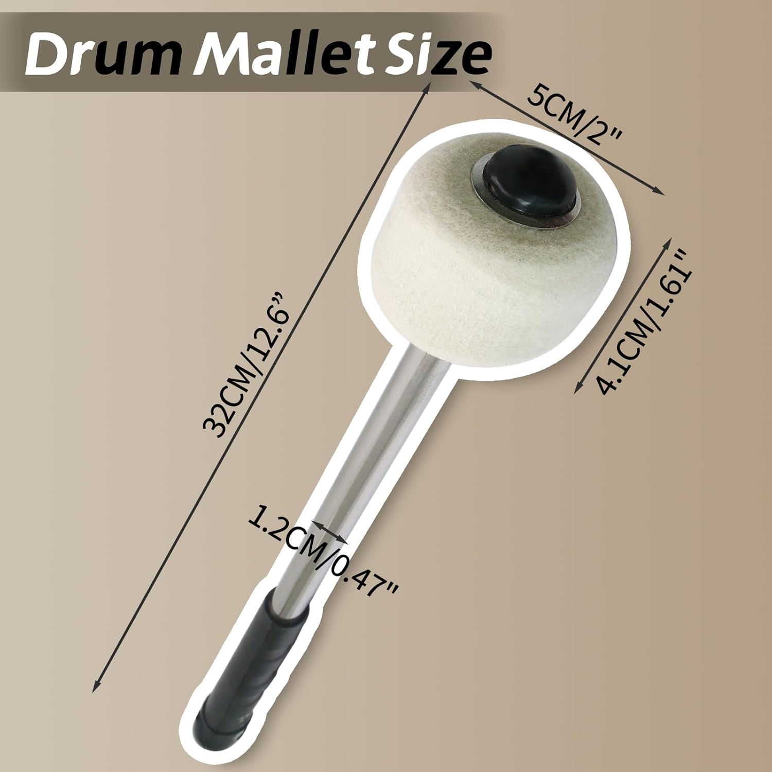 Biaungdo 2 Pack Drum Mallet, 32cm/12.6" Wool Felt Drum Stick, Bass Drum Mallet Drum Stick, Anti-slip Bass Percussion Sticks with Stainless Steel Handle, Beige โ image 2