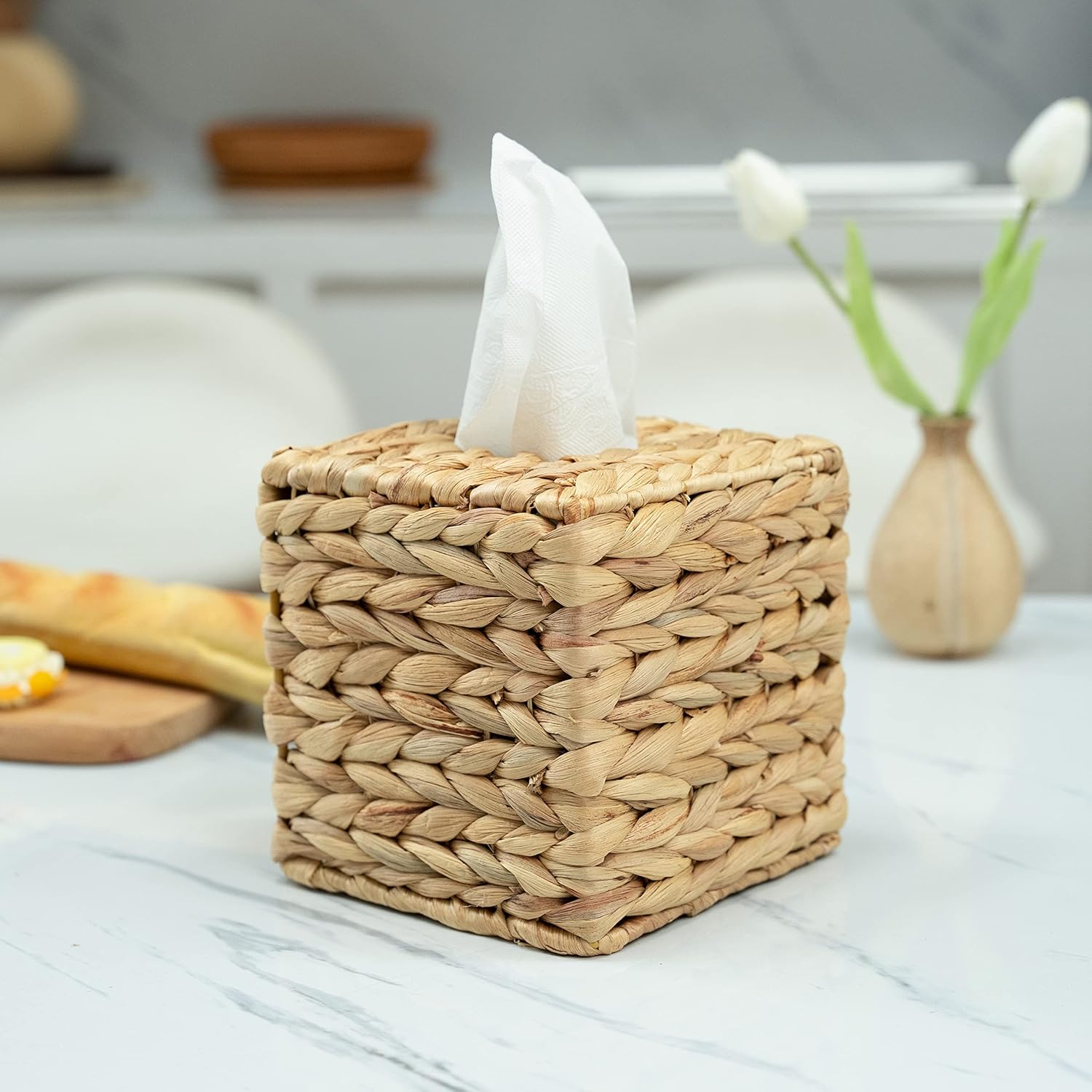 Tissue Box Holder - Square- Rattan Wicker Tissues Cube Box Cover -Boho Decorative Woven Facial Tissue Holder on Table and Barthroom (Square) — image 2