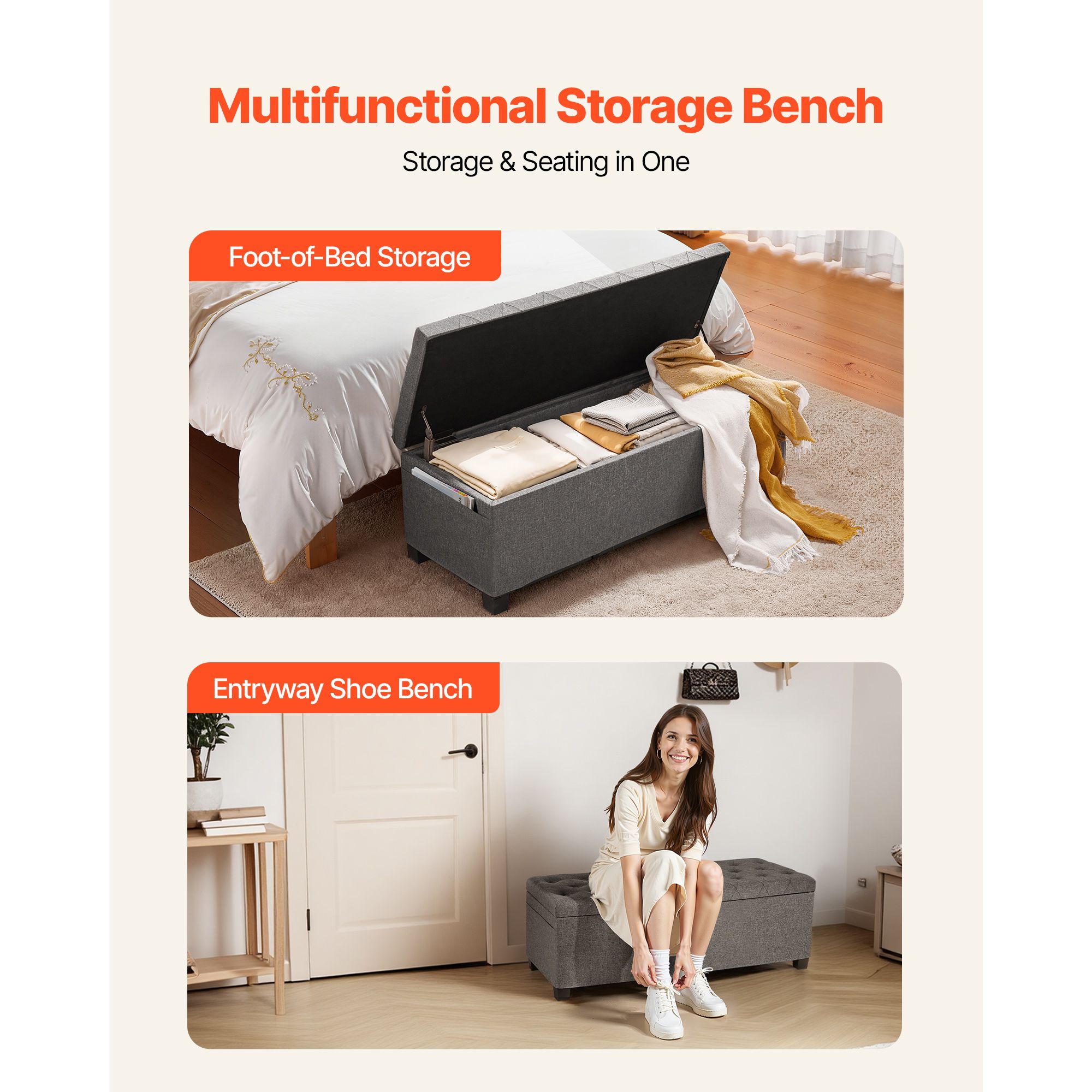 Storage Ottoman Bench, Button-Tufted End of Bed Bench with Side Bags, Flip-up Upholstered Storage Chest with Metal Frame, Linen Bed Ottoman for Living Room — image 3