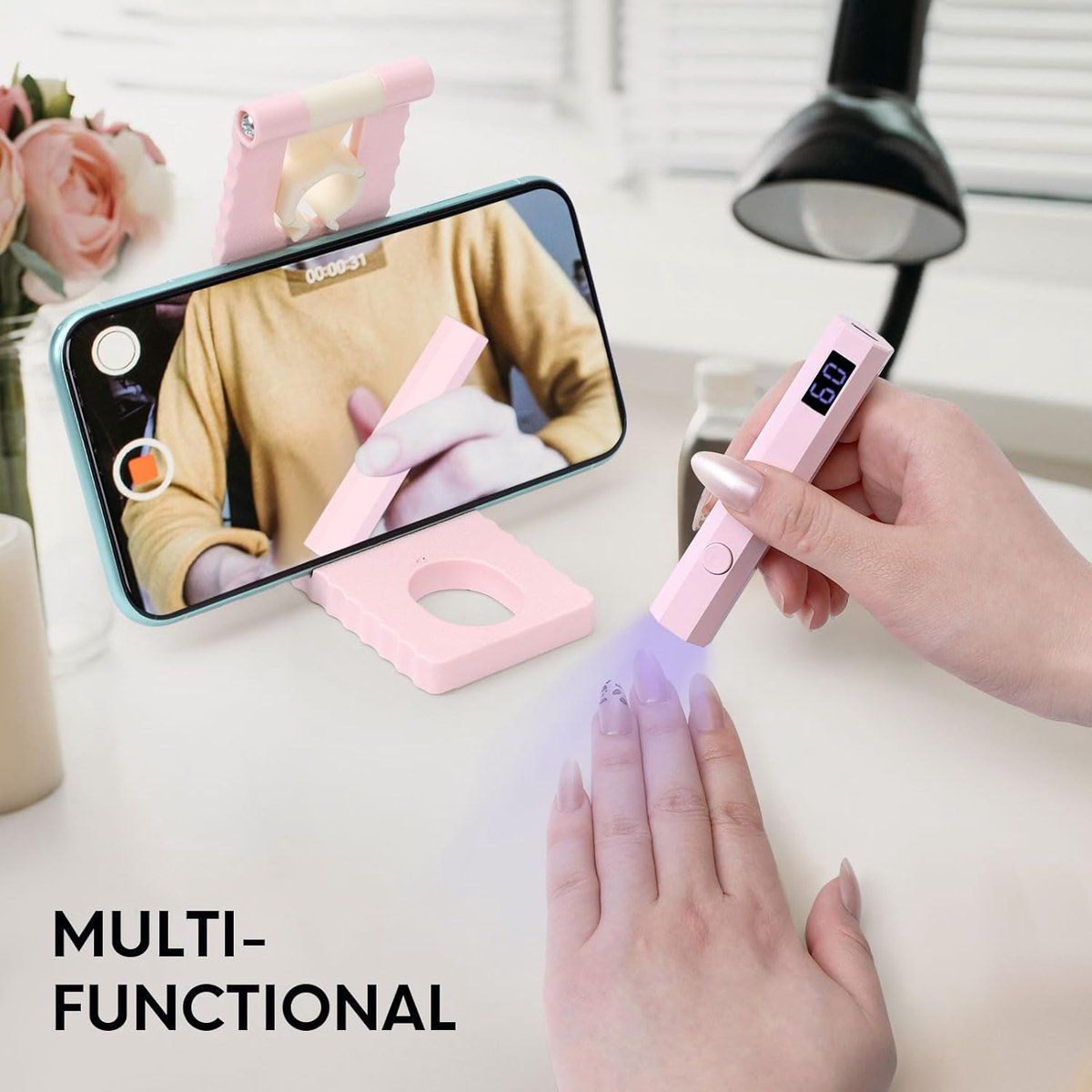 Mini UV LED Nail Lamp With Digital Display, USB Rechargeable Gel Nail Dryer With 2 Timer Modes And Adjustable Stand For Home Manicure, Pink, 10.3 cm โ image 4