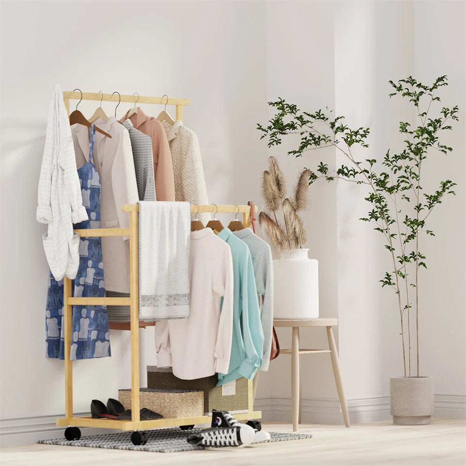 Portable Rolling Bamboo Clothes Rack for Kids with Hanging Rail — image 3