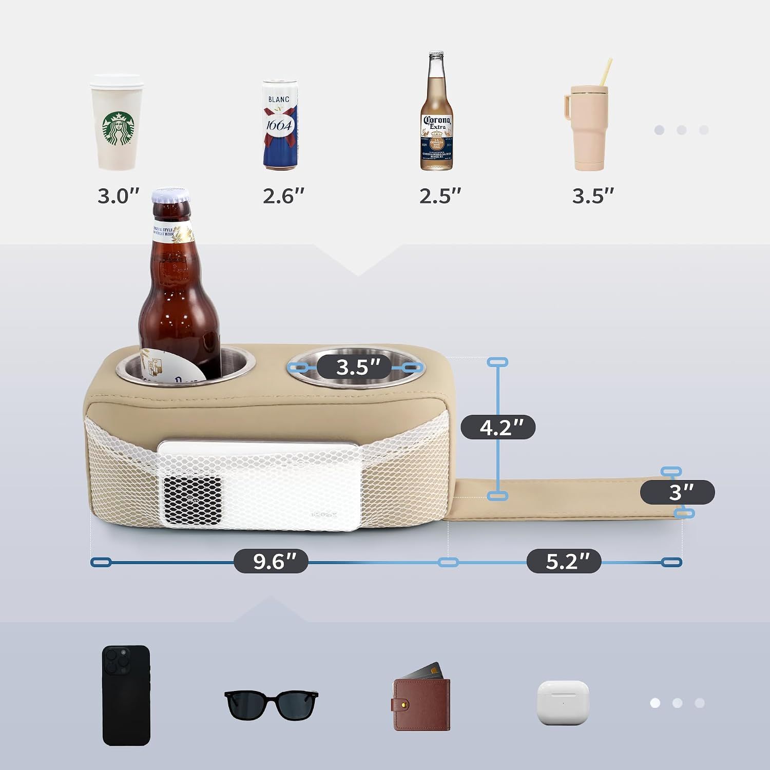 Stainless Steel Double Pontoon Cup Holder with Side Pocket, Marine Drink Holder for Boat Seats, RVs, Cars and Camping Chairs, Khaki โ image 2