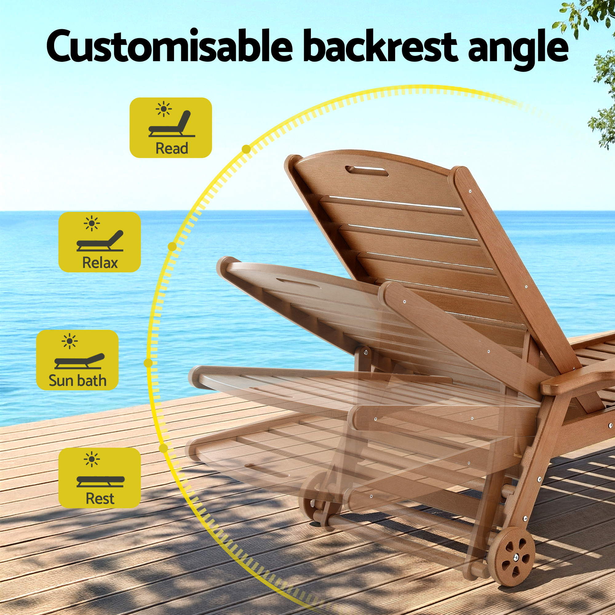 Gardeon Sun Lounge Lounger Table and Chairs Beach Chair HDPE Patio Outdoor Furniture Wheels Brown — image 5