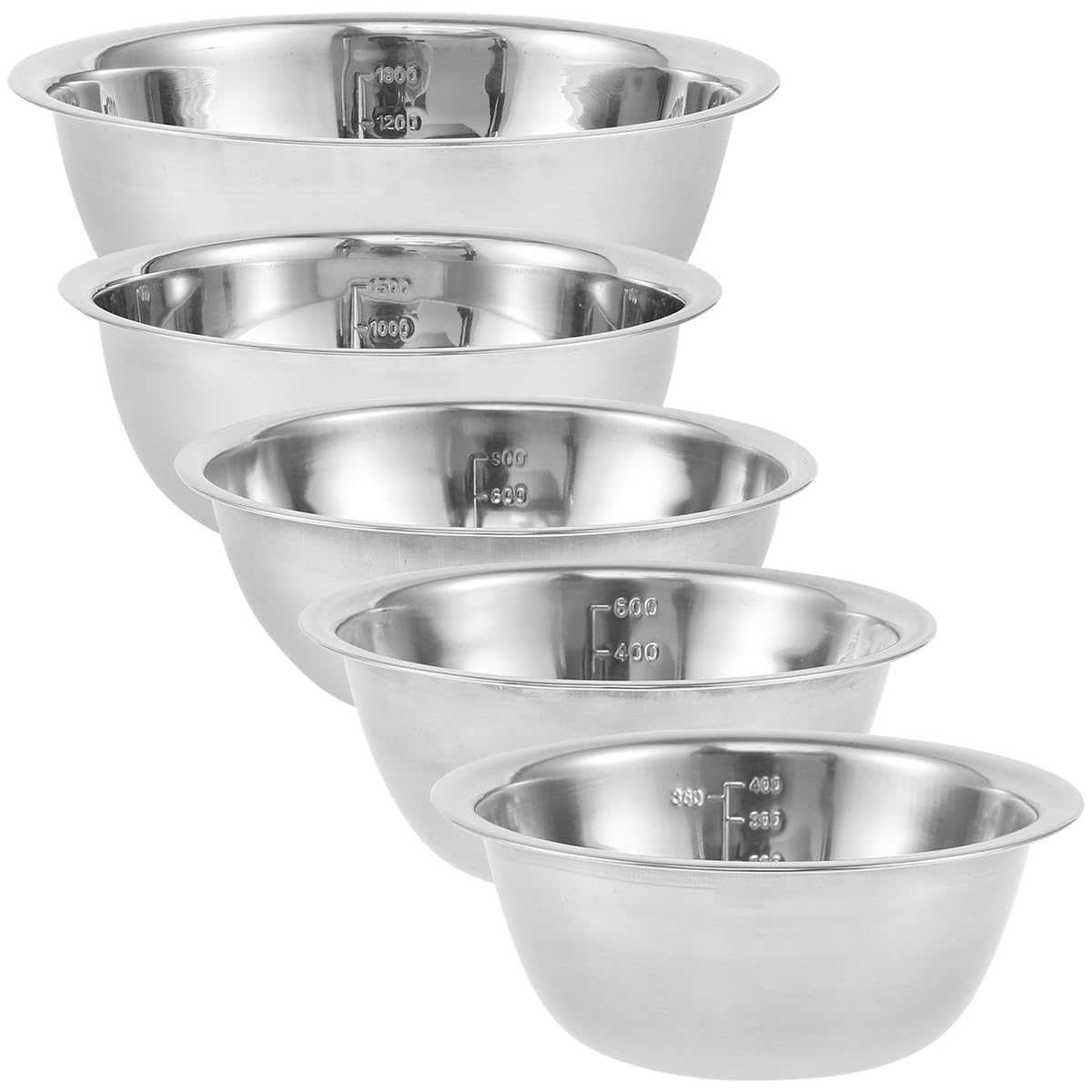 5-Piece Stainless Steel Mixing Bowl Set for Baking, Salad, Dough & Food Prep โ Nesting Design with Measurement Marks and Durable Finish (Silver)