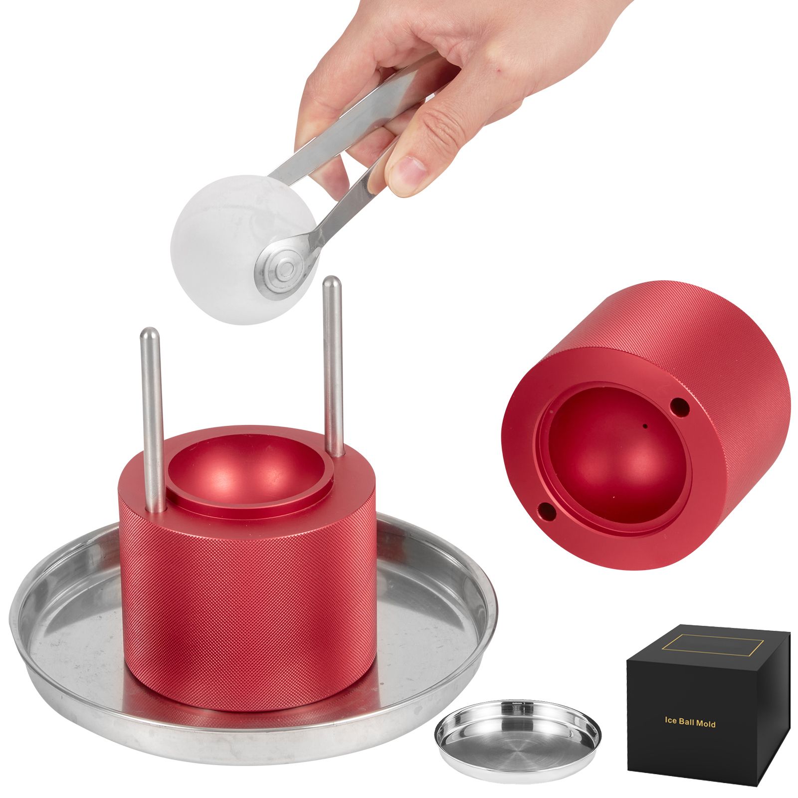 Ice Ball Press, 6cm Ice Ball Maker, Aircraft Al Alloy Ice Ball Press Kit for 60mm Ice Sphere, Ice Press with Tong and Drip Tray, for Whiskey, Cocktail