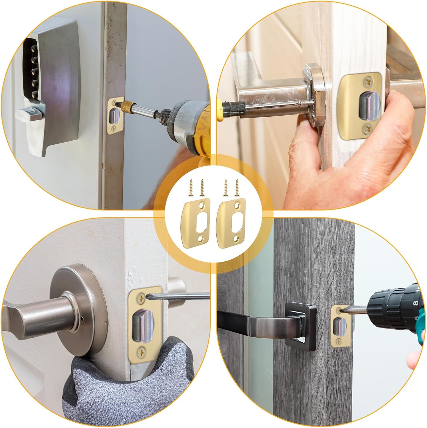 Door Strike Plate 2-1/4"x1-3/4", 2 Pcs Universal Round Corner Design Gold Stainless Steel Construction Extended Lip Door Latch Plates Hardware with 4 Pcs 0.8" โ image 4