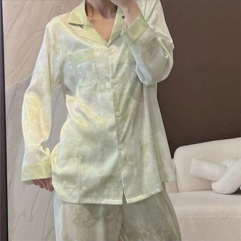 Women Long Sleeve Sleepwear Set Polyester Home Double-length gray# twill sand painting โ image 4