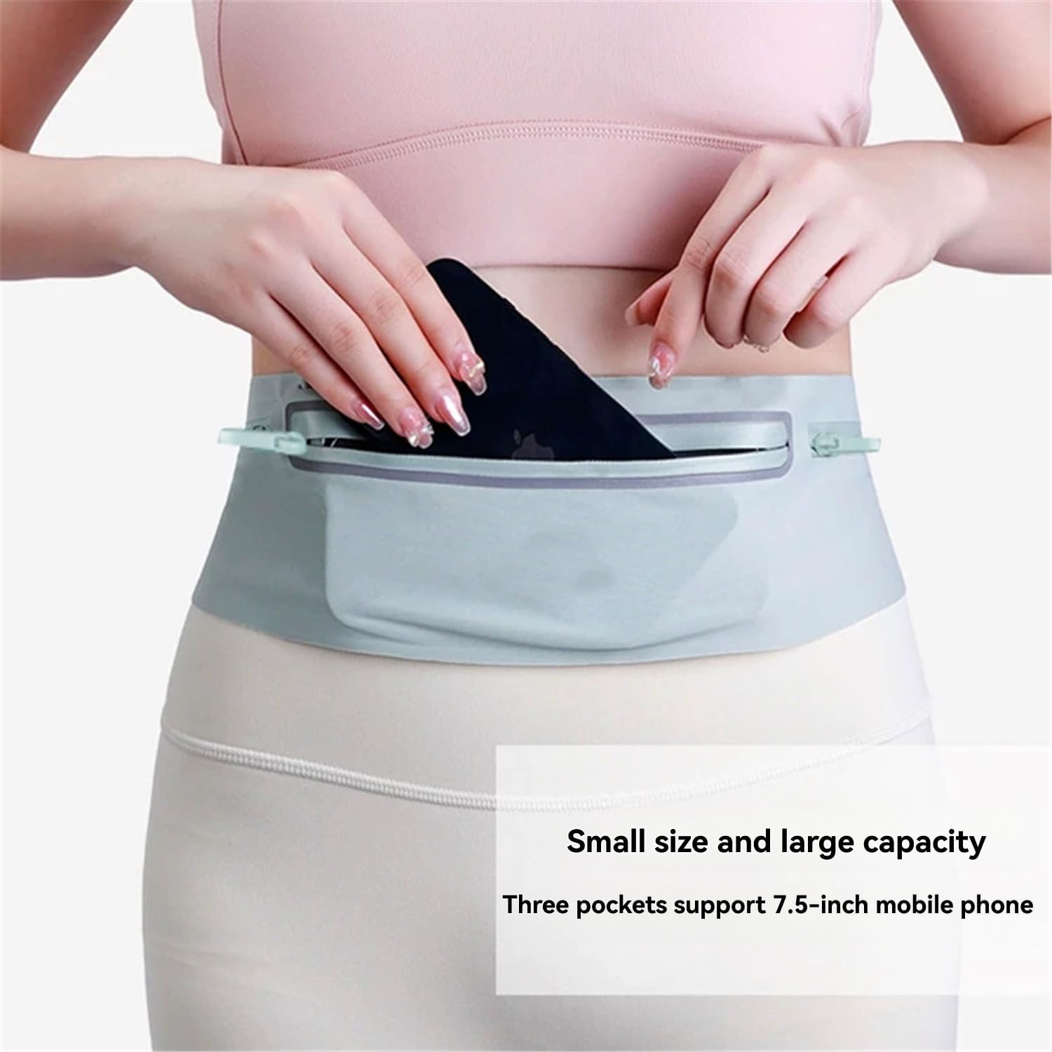 Waterproof Sports Waist Pack with 3 Zippered Compartments for Running, Gym, Hiking - Adjustable 55-120cm Belt, Fits 7.5" Phones - Black, Pink, Grey, Sky Blue — image 6