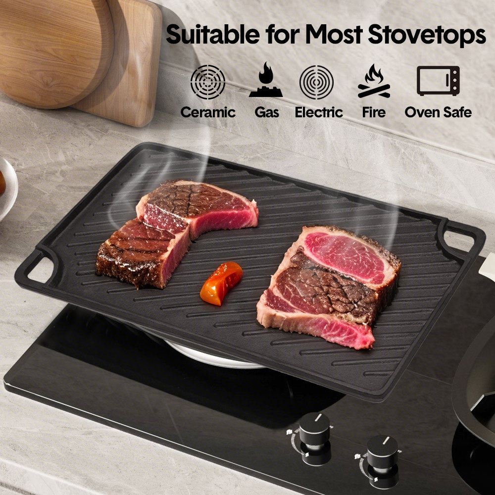 Reversible Cast Iron Griddle Rectangular BBQ Plate 43 × 24cm Double-Sided Flat Top Griddle Pan and Grooved Grill for Gas Stovetop Oven and Open Fire Black — image 6
