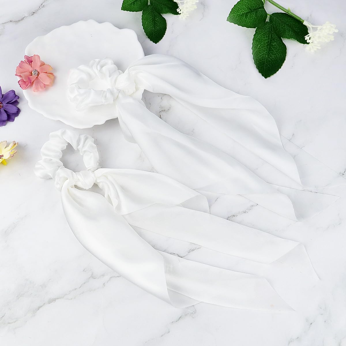 2 Pcs Knotted Bow Satin Hair Scrunchie Hair Scarf with Tail Hair Scrunchies Elastic Hair Scarf Ponytail Holder for Women and Girls (White) โ image 6