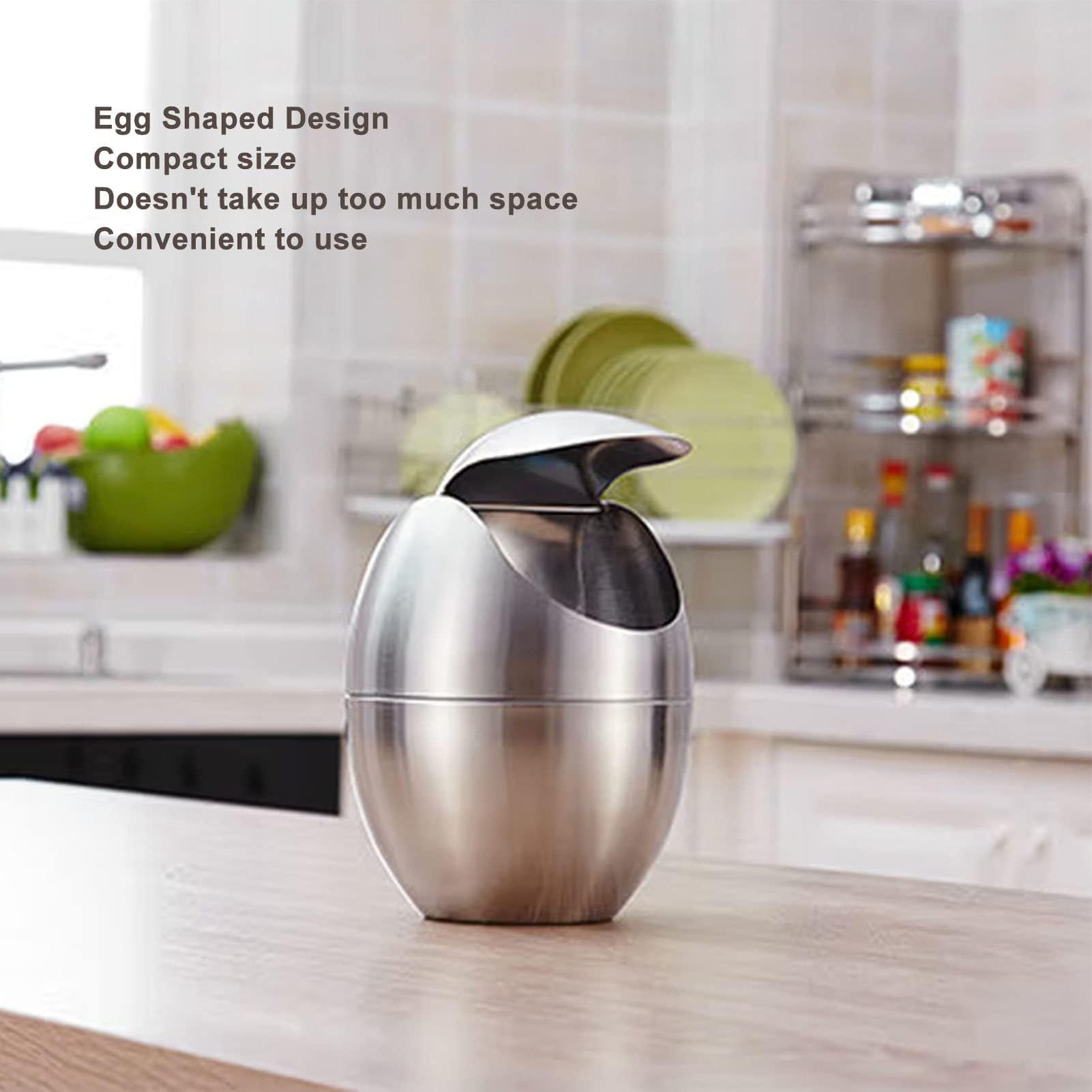 Mini Countertop Trash Can, Simple Stainless Steel Table Trash Can with Swing Lid Egg Shape Small Garbage Bin for Home โ image 4