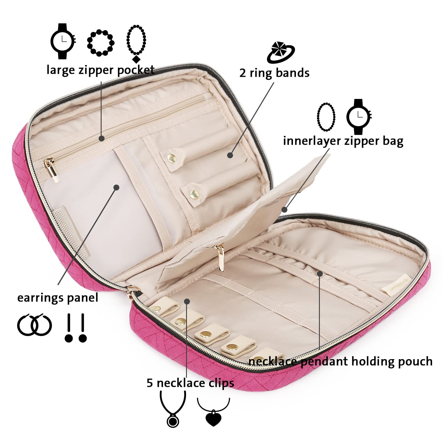 Jewelry Organizer Bag Travel Jewelry Storage Cases for Necklace, Earrings, Rings, Bracelet, Rose Pink — image 3