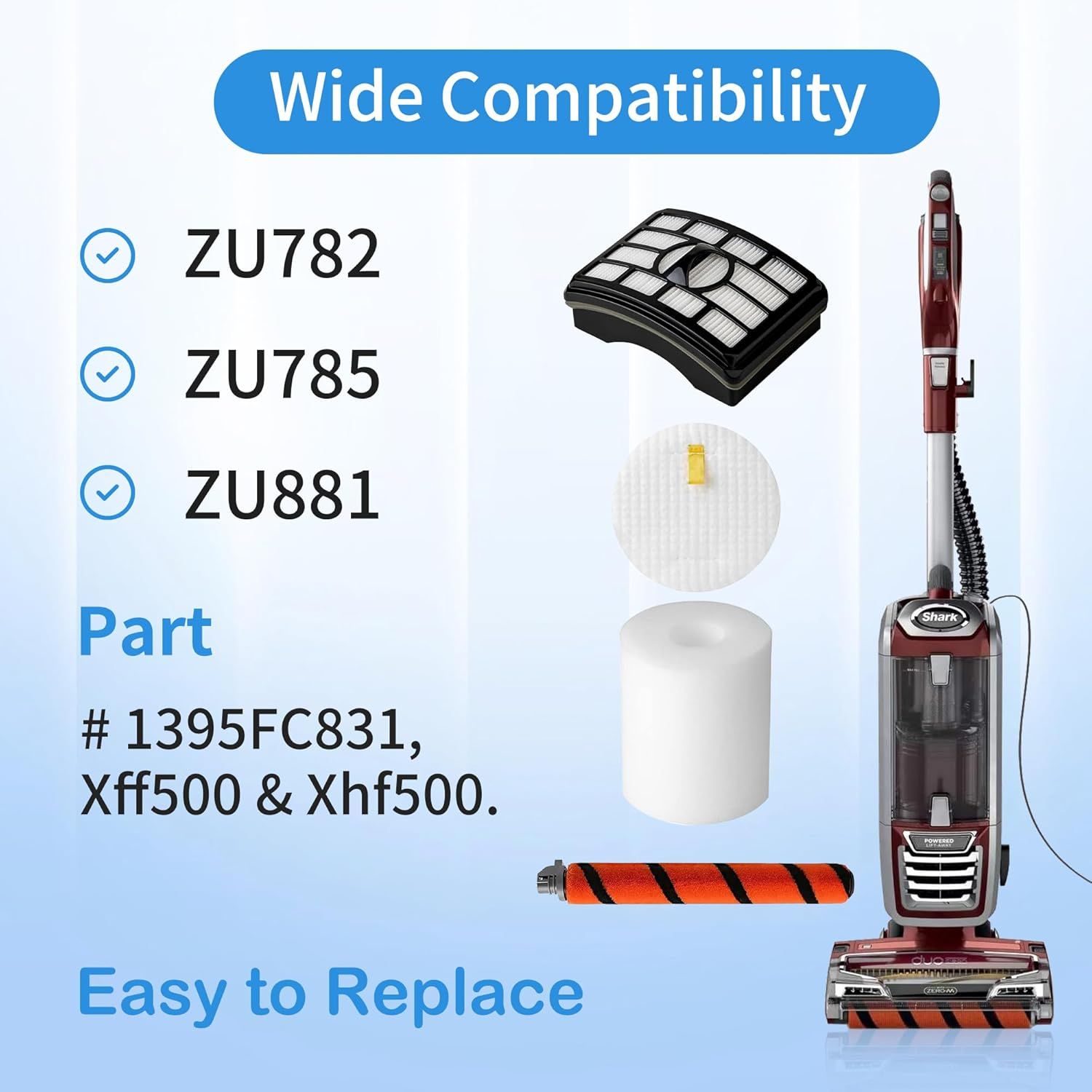Hepa oam & elt ilter Brushroll Replacement Kit or Shark Rotator Proessional Lit-away DuoClean Vacuum ZU780 ZU782 ZU785, Replaces Part # 1395C831 & X500 & Xh500 — image 5
