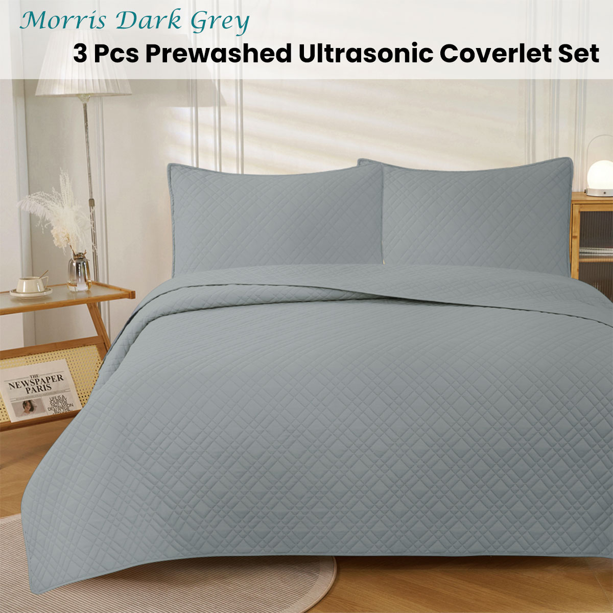 Jane Barrington Morris Dark Grey Ultrasonic Embossed Lightly Quilted Reversible Coverlet Set King โ image 2