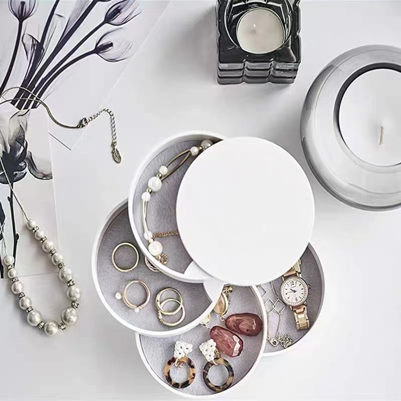 White 4-Layer Rotating Jewelry Storage Box - Dust-Proof Velvet Lined Organizer for Rings, Coins, and Hair Accessories (10x10CM) โ image 2
