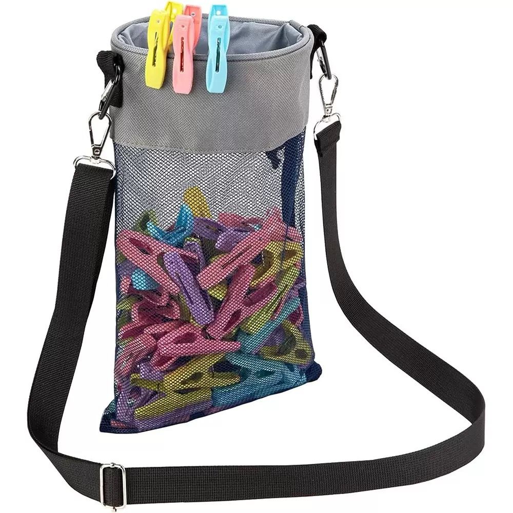 Hanging Clothespin Storage Bag with Drawstring Closure, Quick-Dry Mesh Organizer for Laundry Room, Adjustable Strap for Line Drying, Portable Clip