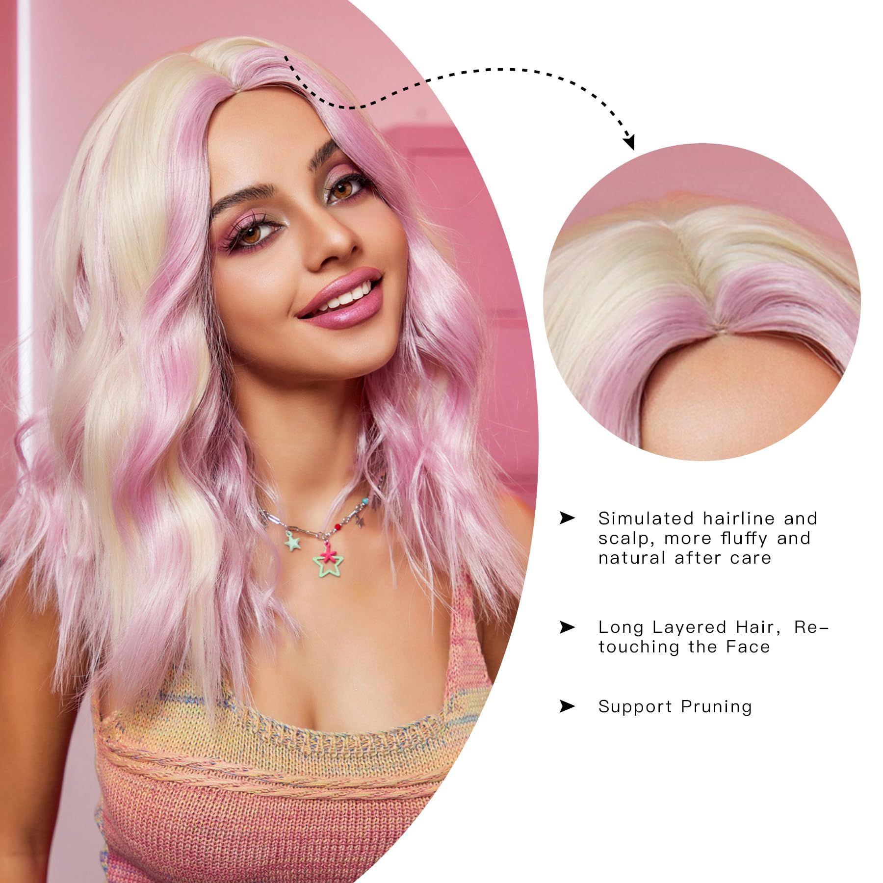 Short Pink Blonde Highlights Wavy Wig for Women Natural Blonde Roots Middle Part Heat Resistant Synthetic Fiber High Density 16In — image 2