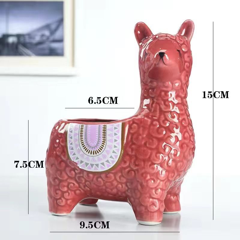 Red Ceramic Planter with Head Tilted Alpaca