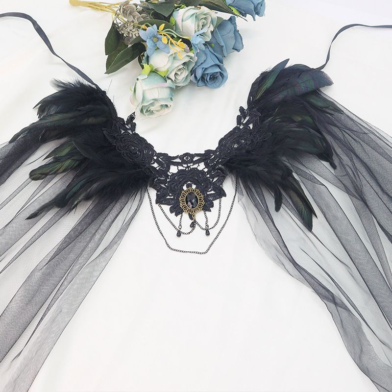 New Halloween Gothic Style Feather Lace Decorative Cape + Black-Red Demon Horn Mask COSPLAY Costume Set โ image 5