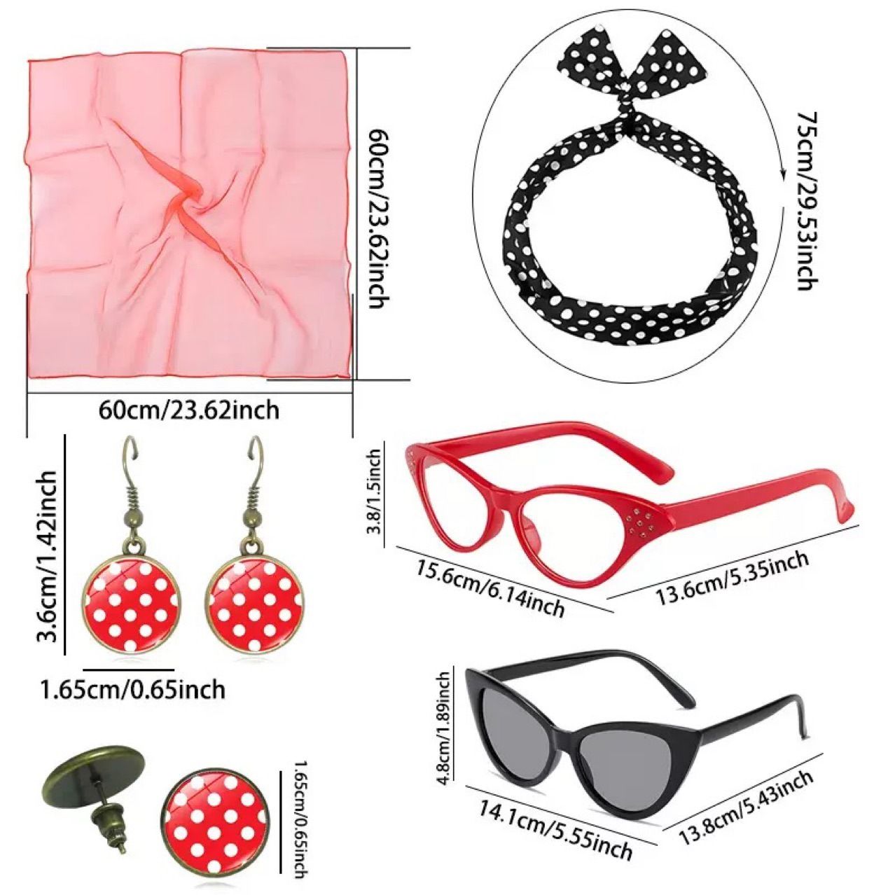 Pink 6 Piece Vintage Polka Dot Party Kit Accessories Set - 1950s Retro Costume with Cat Eye Sunglasses, Headband, Earrings, Studs and Neck Scarf for Cosplay โ image 4