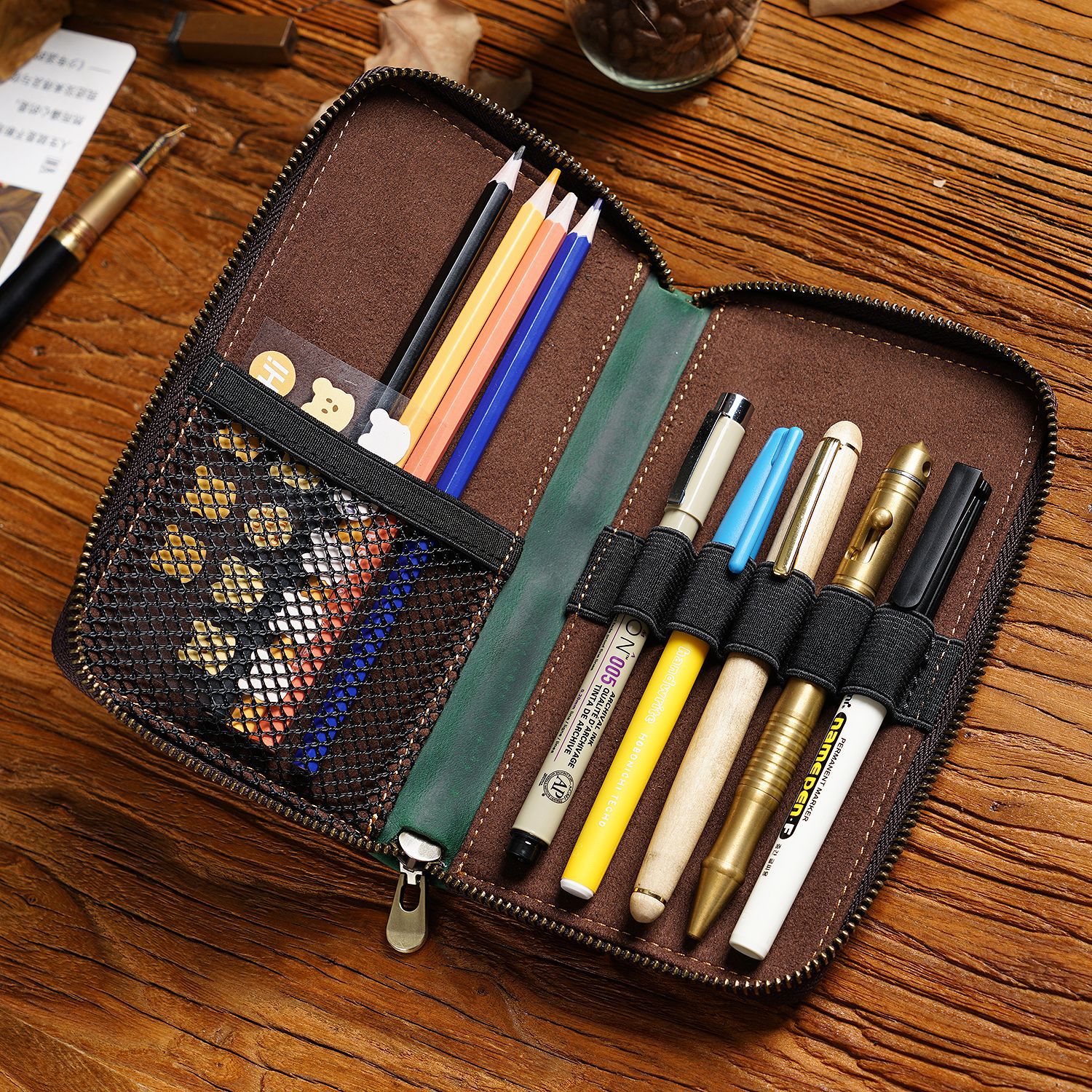 Blue Genuine Crazy Horse Leather Fountain Pen Case Zippered Organiser Pouch with 5 Elastic Loops & Mesh Pocket Vintage Stationery Holder — image 3