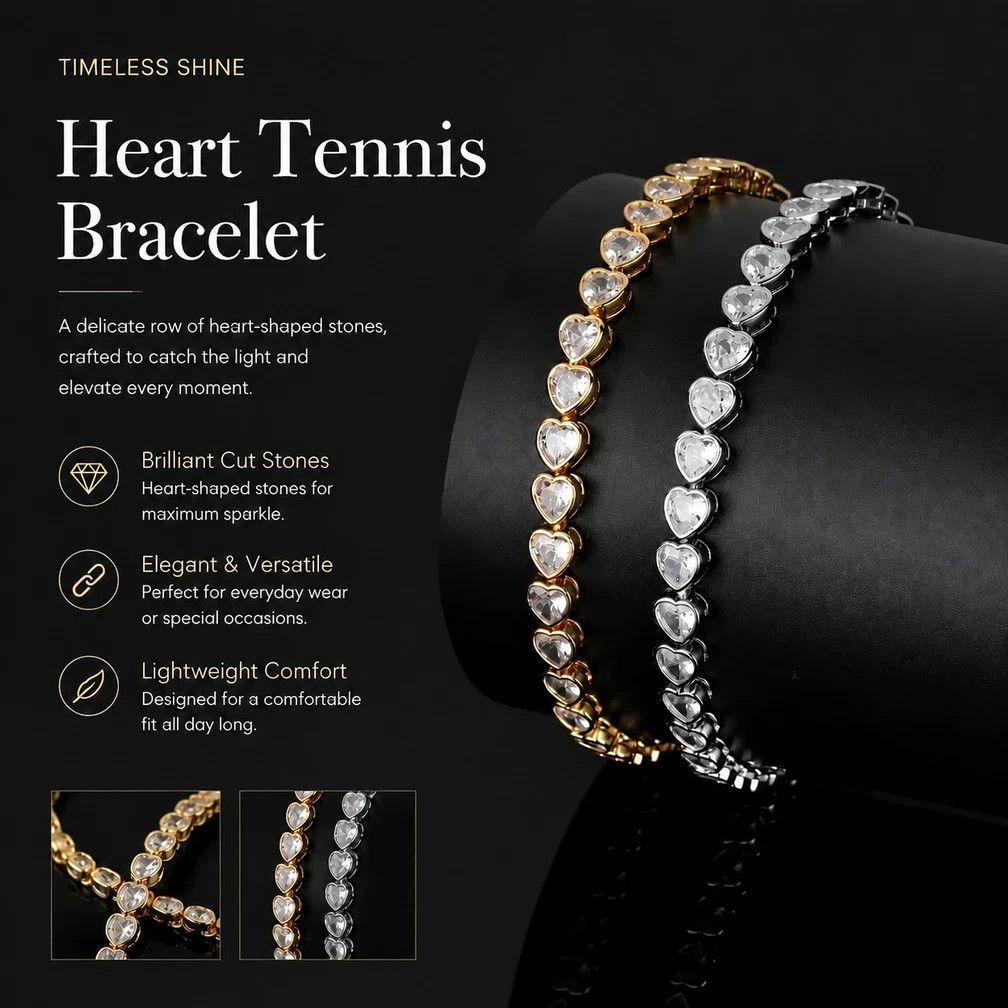 Heart Packed Tennis Link Bracelet, Copper CZ Single Row Hip Hop Bangle, Couple Festival Present, 8 Inch 20cm Gold Tone 4*4mm — image 4