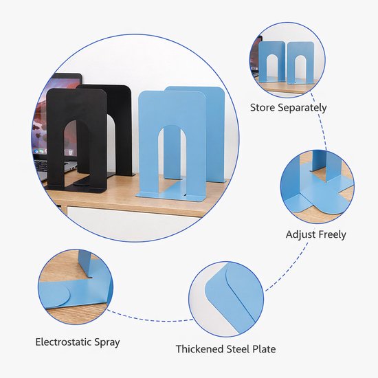 Bookends - Metal - Iron Bookshelves - To be used for supporting books and organizing your desk - 2 Pieces - 13 × 15 × 16.5 cm - Blue — image 6