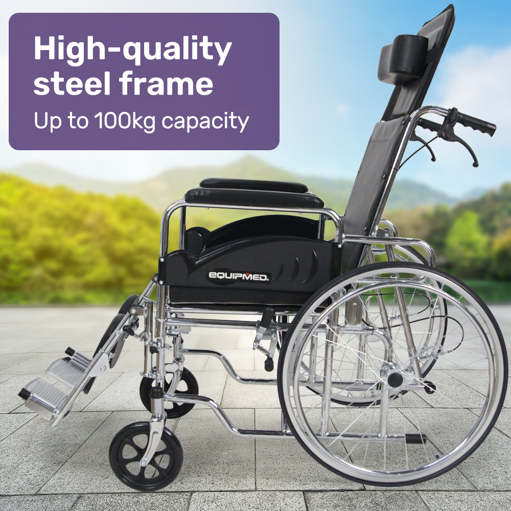 Equipmed Folding Manual Reclining Wheelchair Self Propelled, 24" Rear Wheels, Chrome Steel Frame, 46cm Wide Seat, 100kg Capacity, Park Brakes — image 3