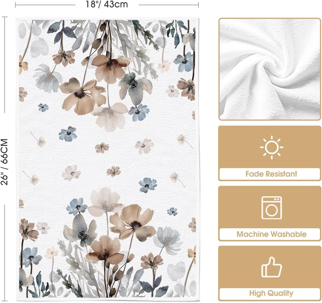 Brown Poppy Floral Leaves Spring Kitchen Towels Dish Towels, 18 × 26 Inch Seasonal Summer Decoration Hand Towels Set of 2 — image 6