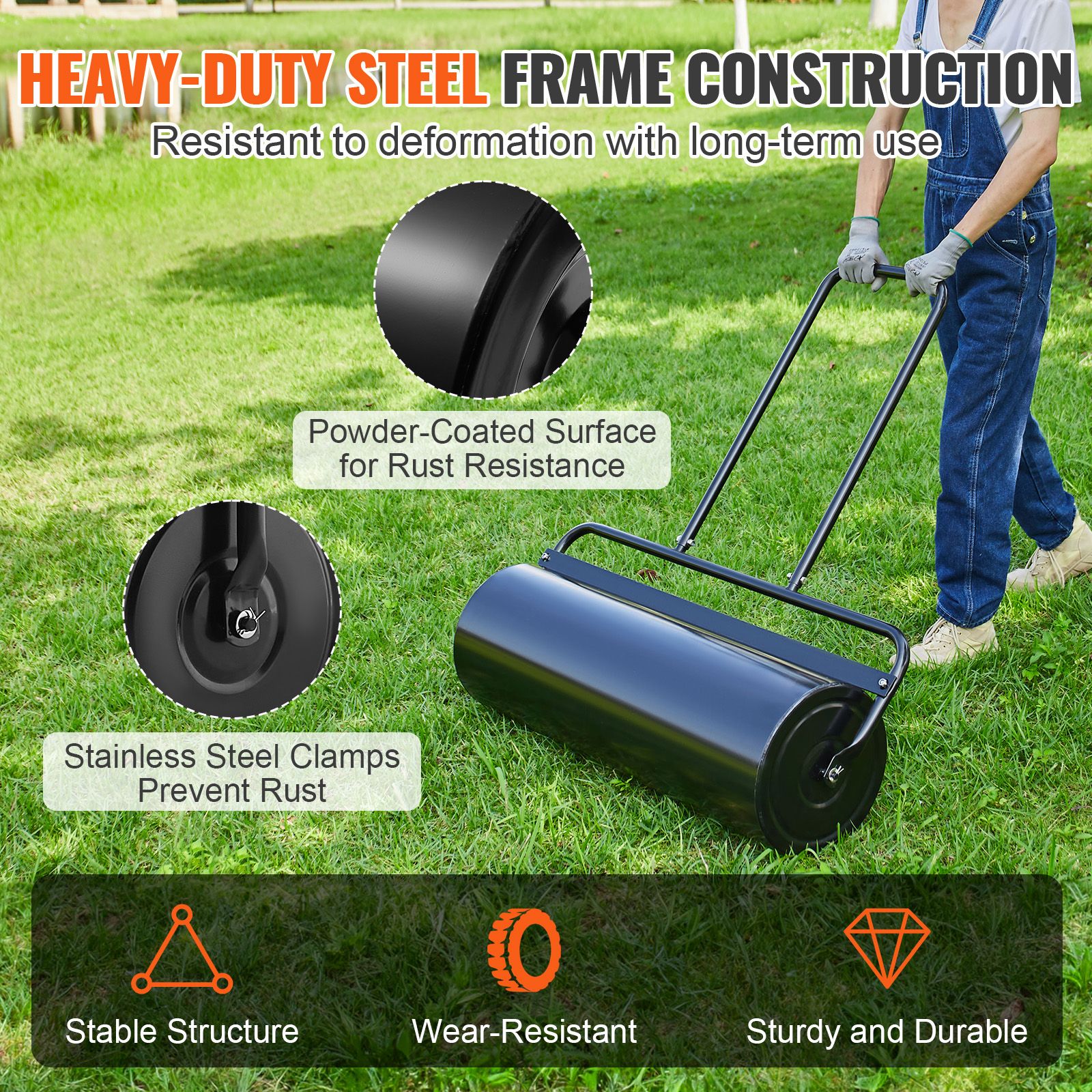 Lawn Roller, 17 Gallon 36 Inch Sand/Water Filled Yard Roller, Steel Sod Roller with Easy-turn Plug and U-Shaped Ergonomic Handle for Convenient Push — image 4