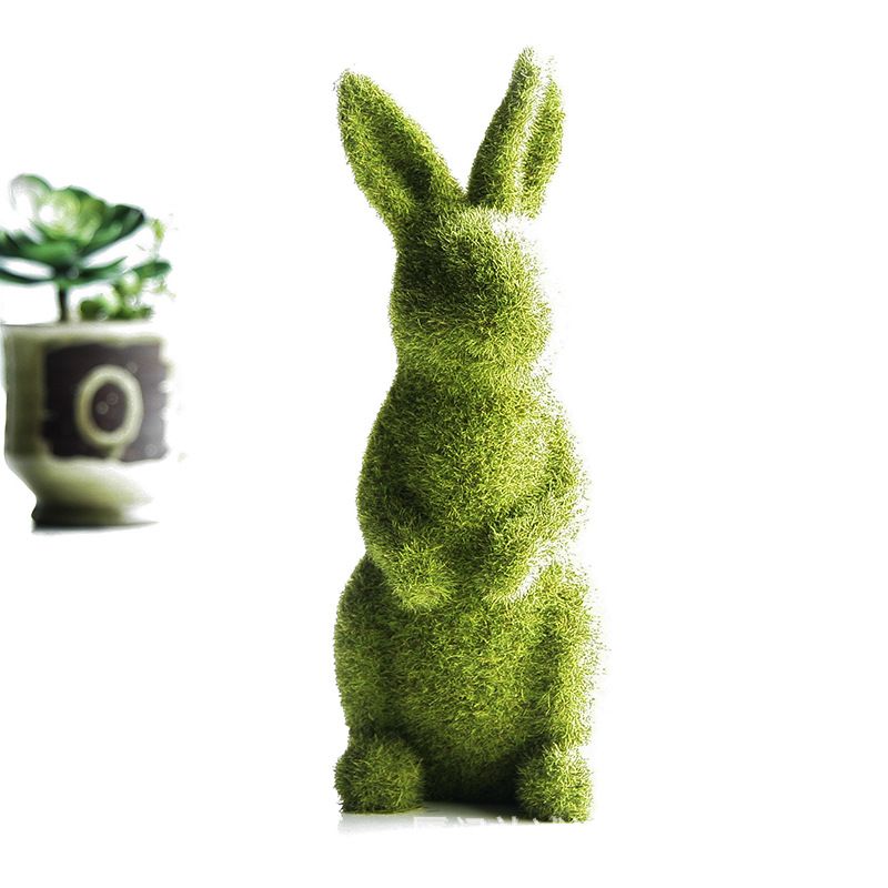Easter Moss Bunny Flocked Rabbit Statue Figurine Festival Garden Yard Home Party Ornament Decoration (Green, A)