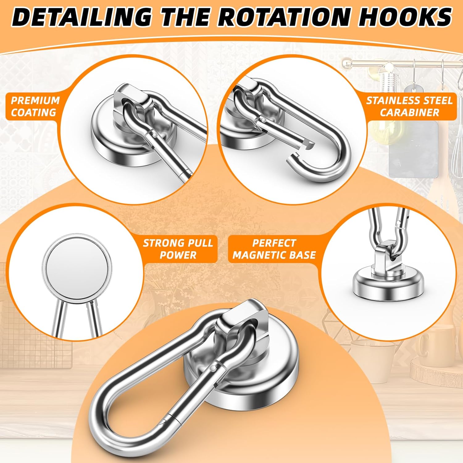 10 Pack Strong Neodymium Magnetic Hooks Heavy Duty with Swivel Carabiner, 70LBS Magnet Hooks for Hanging, Magnet with Hook for Kitchen, Home, Warehouse, School — image 5