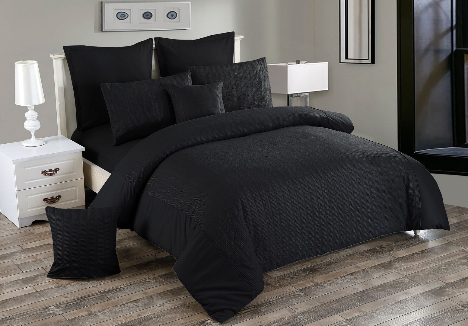 Seersucker Queen Size Black Duvet Quilt Cover Set — image 2