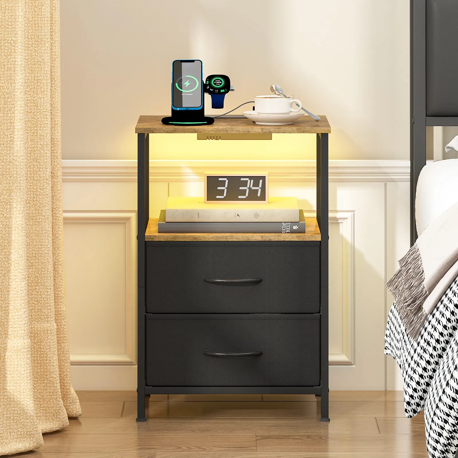 Black and Brown Nightstand with LED Light, Charging Station, and Storage - 60x40cm